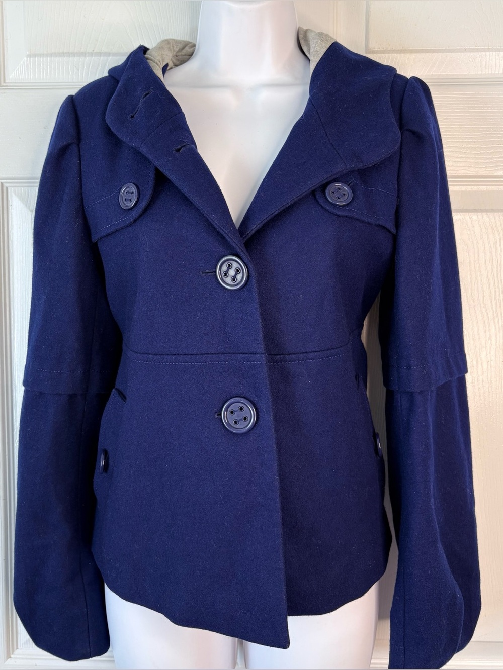 Anthropologie Elevenses Barbette Navy Blue Hooded Wool pea coat Size 4